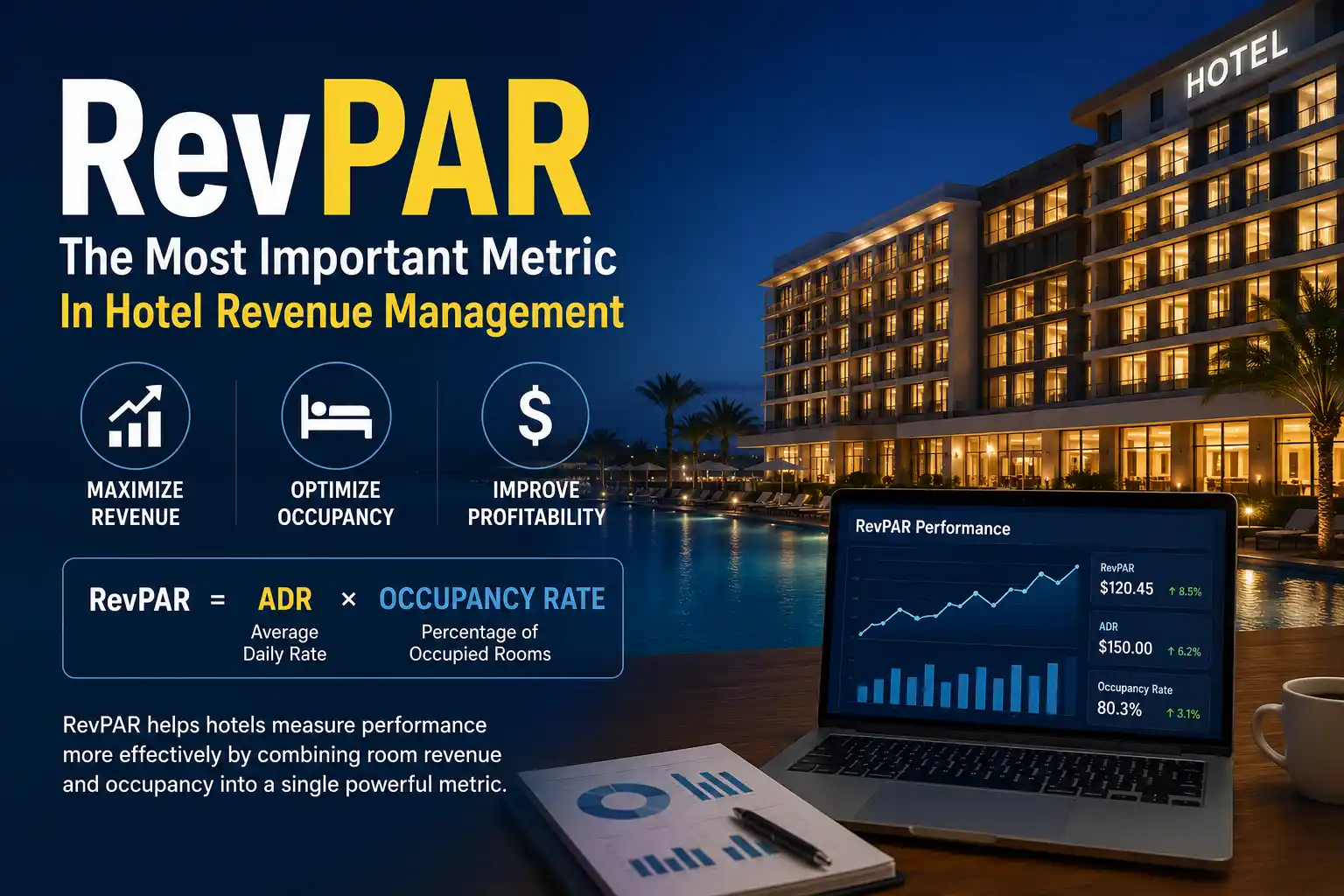 RevPAR infographic showing hotel revenue management metrics, hotel performance dashboard, occupancy rate, ADR formula, and strategies to maximize hotel revenue and profitability..